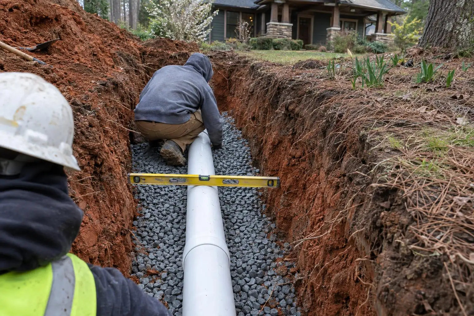 A worker in a trench setting a white PVC pipe on gravel bedding with a level laid across it, a second worker's hard hat in the foreground