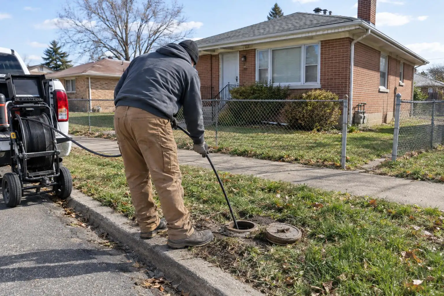 A technician in a hooded jacket pushing a camera cable into a sewer cleanout in a lawn by the curb, a cable reel behind him