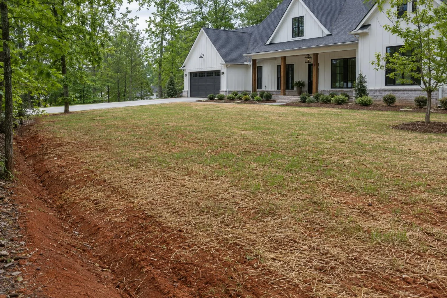 A strip of freshly graded red clay and straw across a large front lawn in front of a white farmhouse-style home